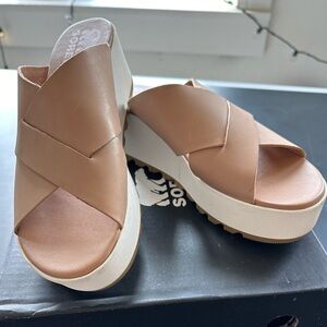 Sorel Cameron Flatform Mule Wedge Sandal sz 8 beige sea salt